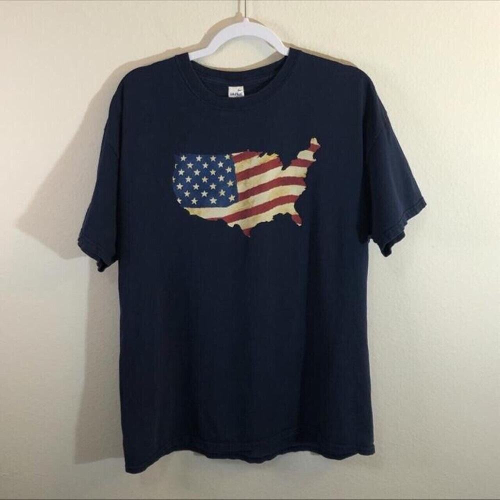 Gildan Heavy Cotton Size XL Navy Red White Blue American Flag USA Shirt Top